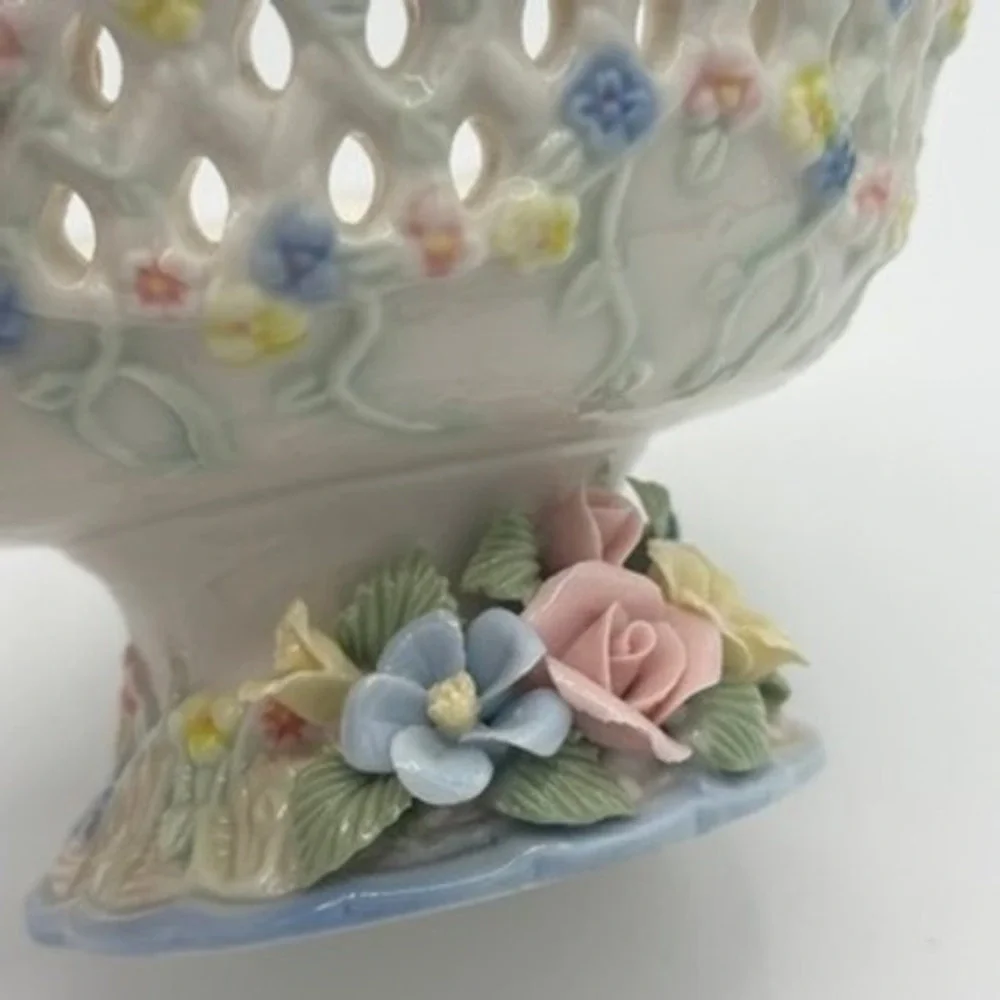 Cottagecore Porcelain Pedestal Candy Bowl Blue Floral Lattice Reticulated Dish